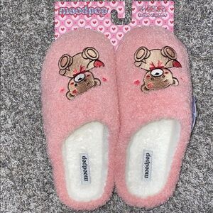 Moodpop Pink Fuzzy Slippers with Bear NWT